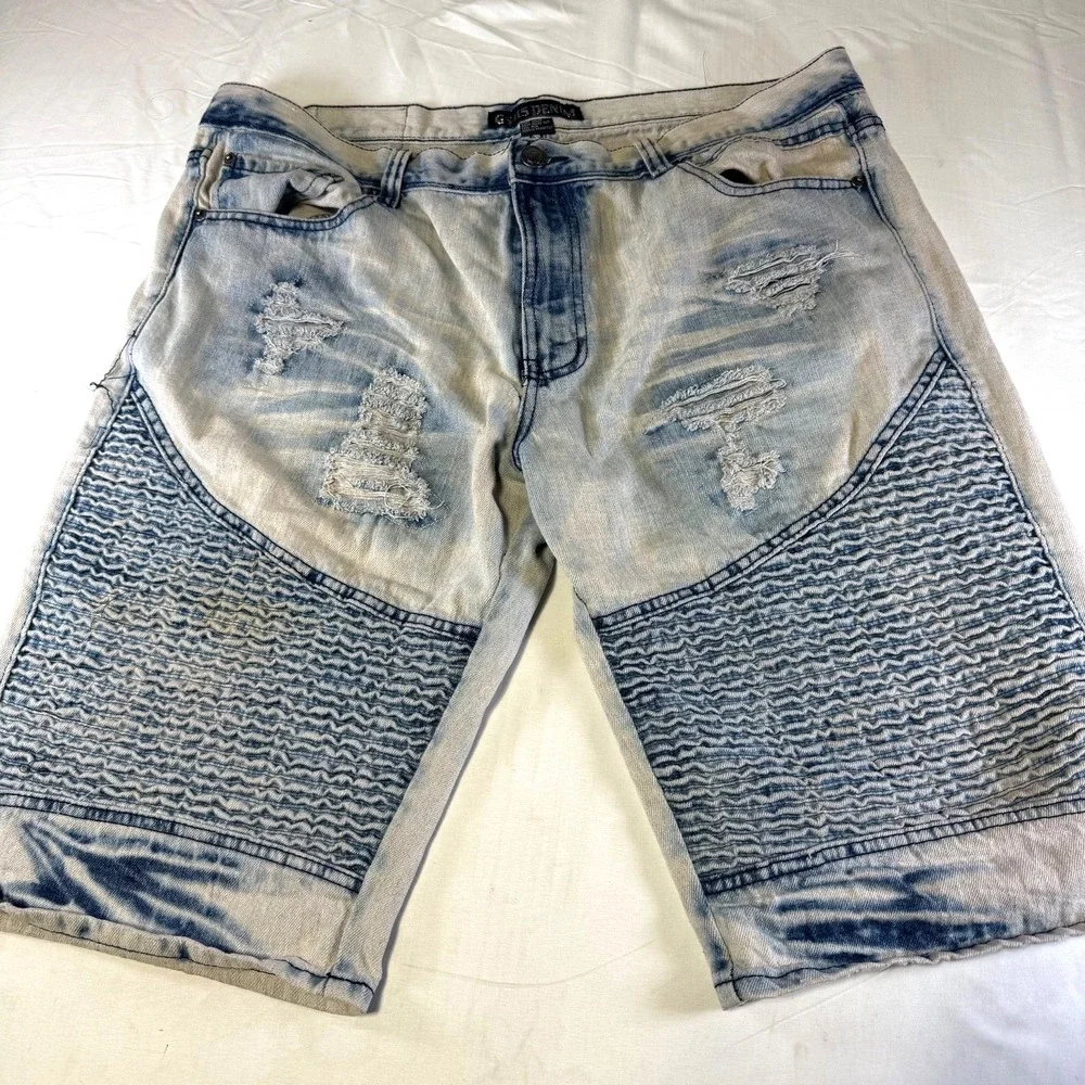 GS-115 Moto Style Blue Denim‎ Jorts Shorts Acid Wash Distressed Men's Size 40X14
